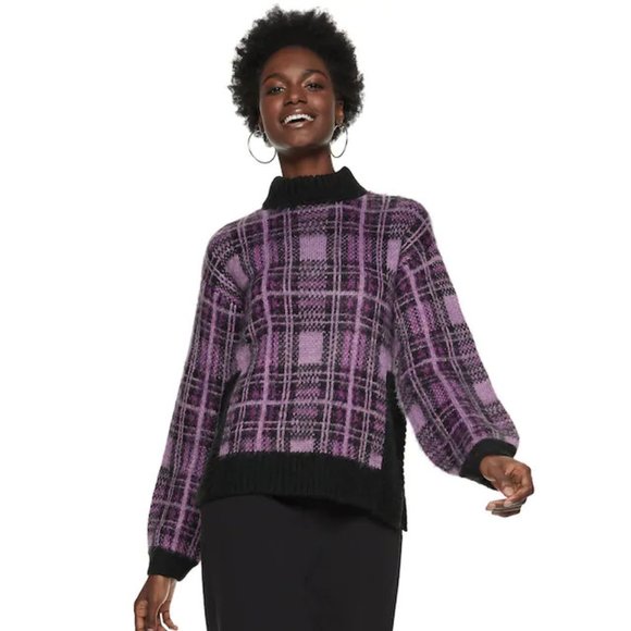NEW Nine West Purple Black Plaid Sweater - Picture 1 of 6